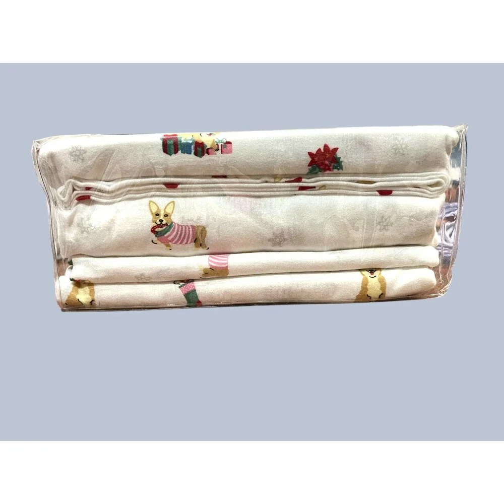 Martha Stewart Whim Collection Christmas Corgi 3-pc Twin Flannel Sheet Set  NIB
